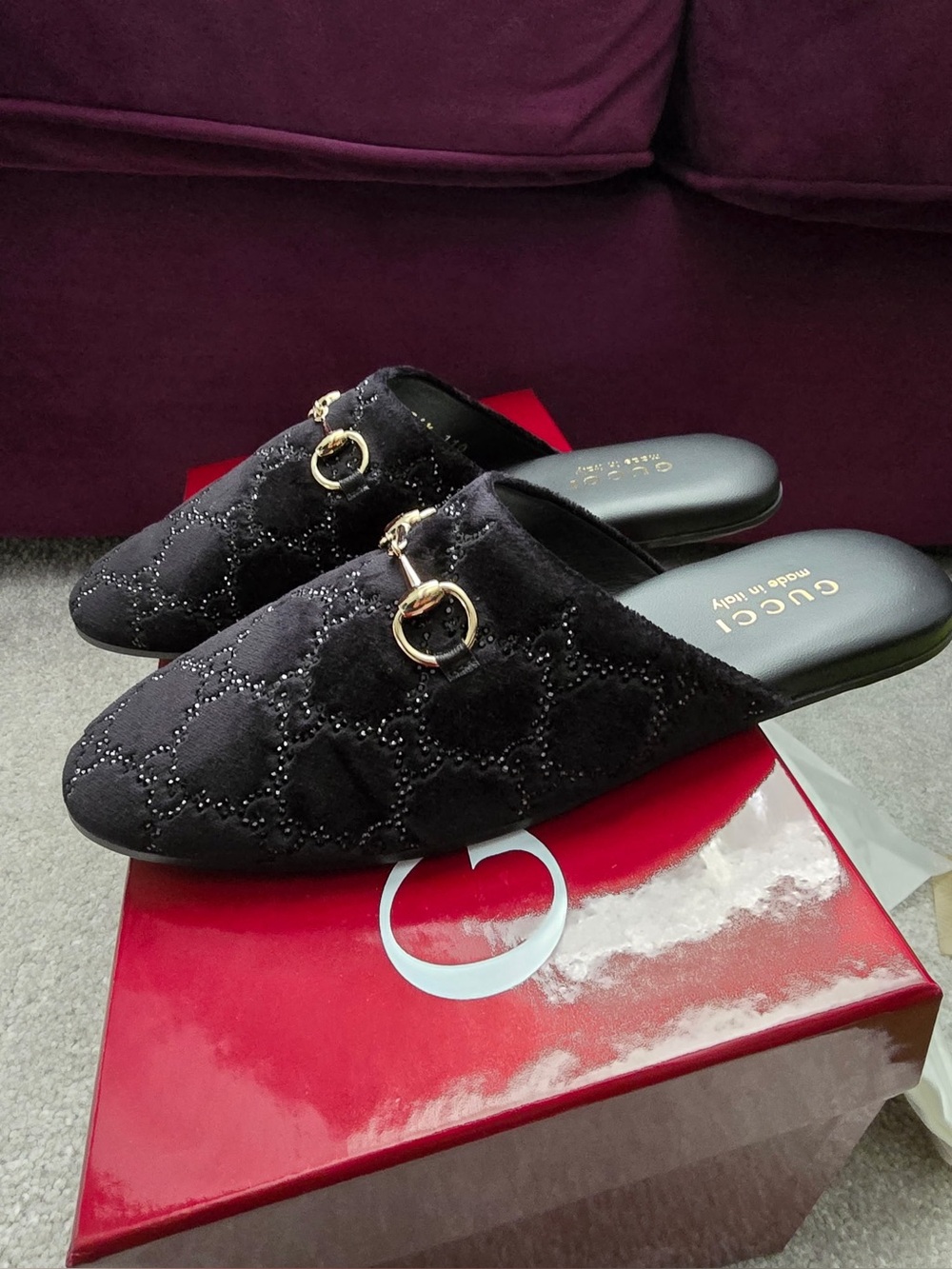 Gucci womens gg crystal horsebit mules in velvet black